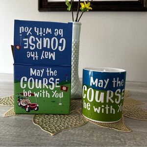 “May the Course Be With You” golf coffee mug, blue & green, new in box